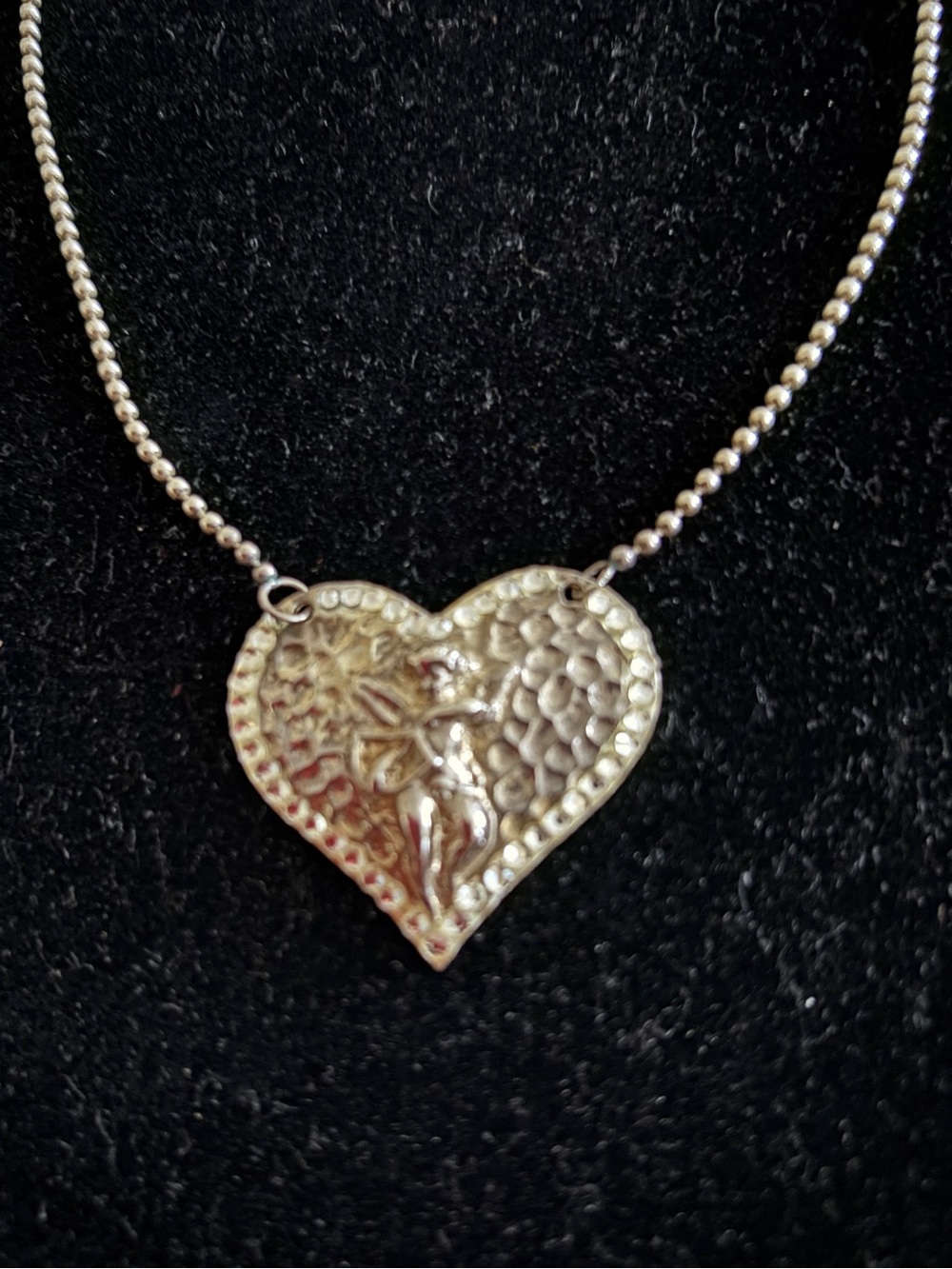 925 Silver Large Hammered Heart Pendant Necklace on Beaded Chain 18”
